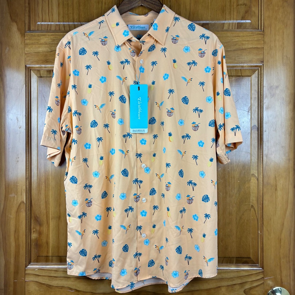Caribbean Isle Breeze Performance Mens L Peach Tropical Print Button Down Shirt